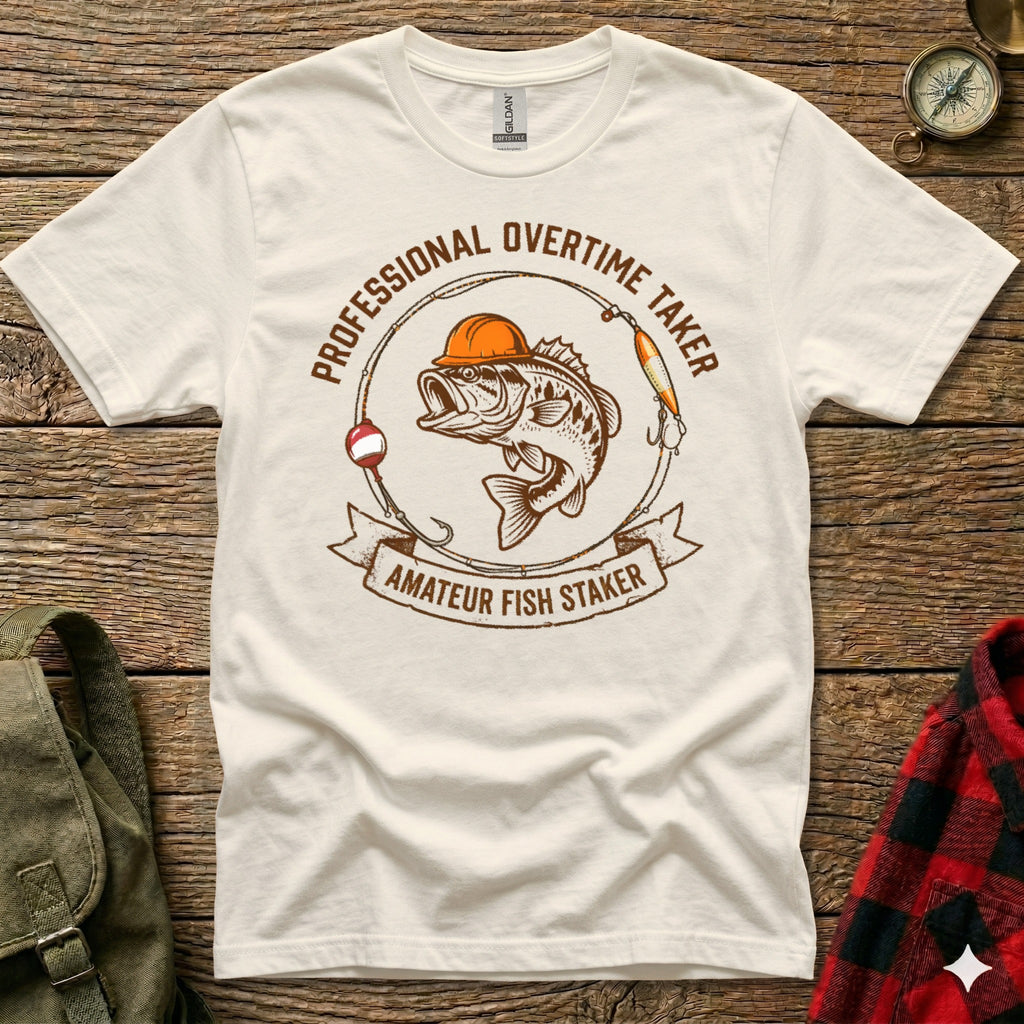 T-shirt design featuring a fish wearing a hard hat and fishing gear, with text "PROFESSIONAL OVERTIME FISHER".
