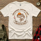 T-shirt design featuring a fish wearing a hard hat and fishing gear, with text "PROFESSIONAL OVERTIME FISHER".