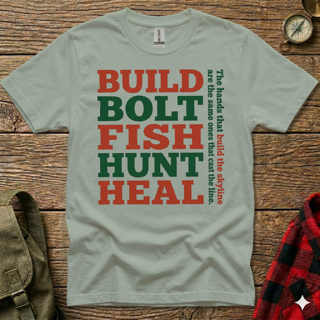 Green and red text on a light green t-shirt reads "BUILD BOLT FISH HUNT HEAL" and a quote.