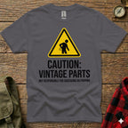 Gray t-shirt with yellow caution sign: "Vintage Parts".
